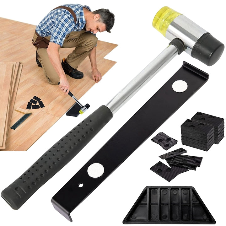 Juksun Parquet Installation Tool Set, Parquet and Laminate Installation Kit, Improved Pull Bar, Tapping Block, Double-Headed Rubber/Metal Hammer, Compatible with 7-15 mm, Polypropylene, 26*7.7cm, Black