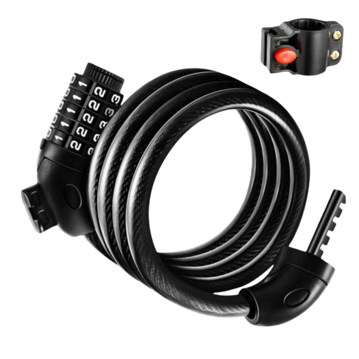 Antifurt bicicleta  cu Cifru din 5 Cifre si suport montare  lungime 120 cm  Cilindru de blocare din aliaj de zinc  Cablu de otel cu diametrul de 12 mm  Rezistent la taiere sau rupere  Potrivit pentru bicicleta electrica  motocicleta  trotineta  scuter