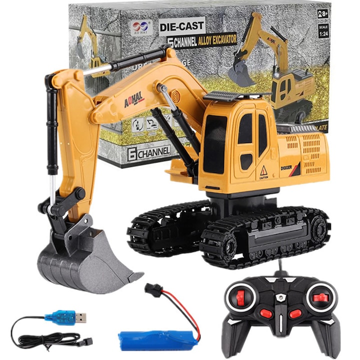 Remote Control Excavator with Metal Bucket 1:24 Scale 2.4Ghz - 6 Functions