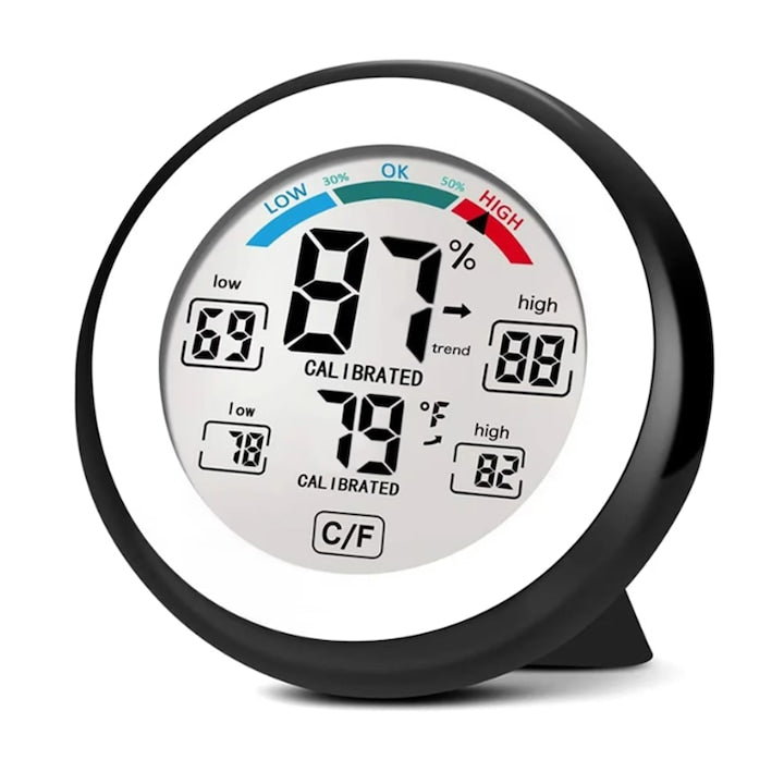 Termometru si higrometru pentru interior/exterior  ZOUN  functie ceas  iluminare din spate  ecran tactil  afiseaza temperatura minima si maxima pe 24 de ore  comutator temperatura/Fahrenheit  instalare pe perete/magnetica/suport  negru