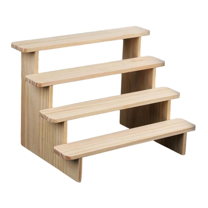 YANYXR BCS3205524 Tiered Wooden Stand, 4 Tiers, Natural Wood, for Cosmetics, Perfumes, and Figurines