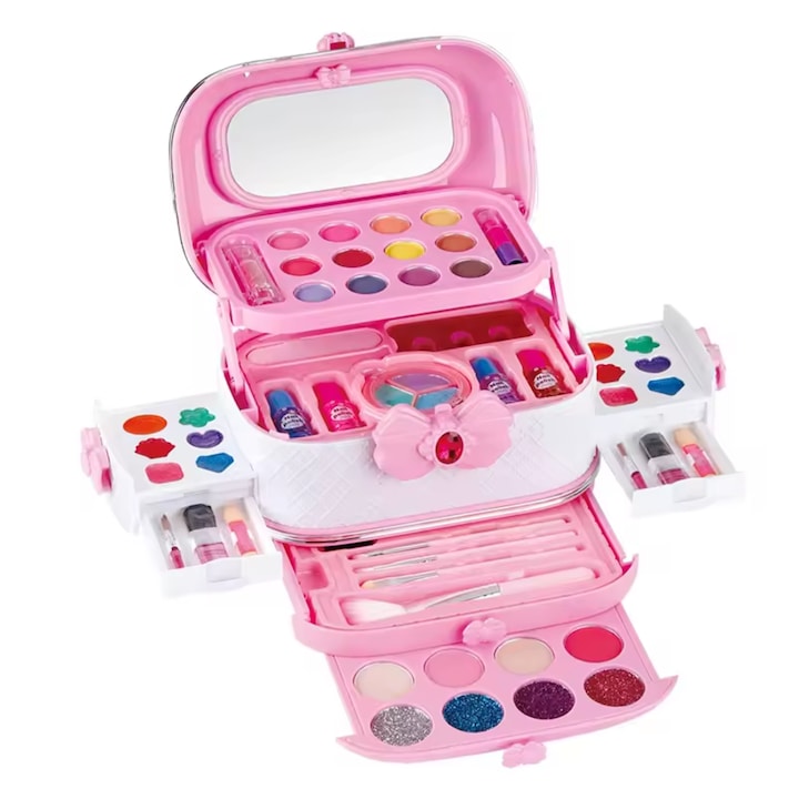 Trusa de machiaj pentru copii  Simply Joy  cu 54 de elemente pentru make-up  rujuri  farduri  oja  Design inedit  Geanta cu maner pentru transport  pentru fetite de 3  4  5  6  7  8  9 ani