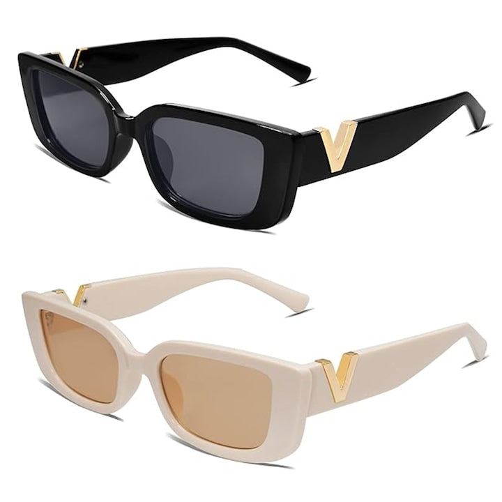 Axroad Mall - Set of 2 Women's Sunglasses with Glasses Case, UV Protection, V-shaped Decor, Fashionable and Versatile, Lightweight and Durable, Suitable for Travel, Shopping, PC/Metal, 144 x 40 x 143mm, Black/Beige, 12 interest-free installments