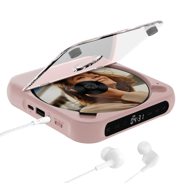 CD Player portabil  Bluetooth  cu casti  reincarcabil  ecran tactil LED  mod rezistent la soc  Bytelike  roz