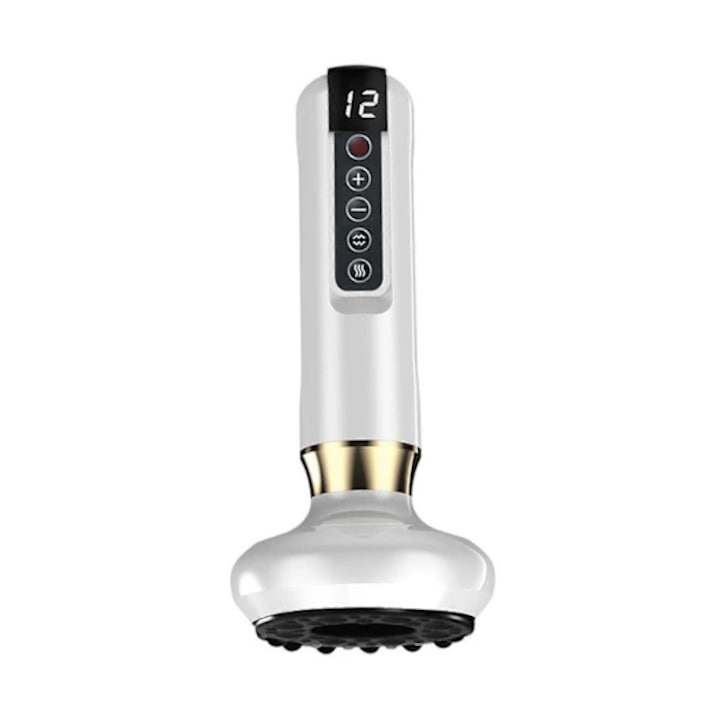 Kit pentru cuping/ventuze electric si Gua Sha  12 niveluri de aspiratie si temperatura  reincarcabil USB-C  Alb/auriu  20x9 cm