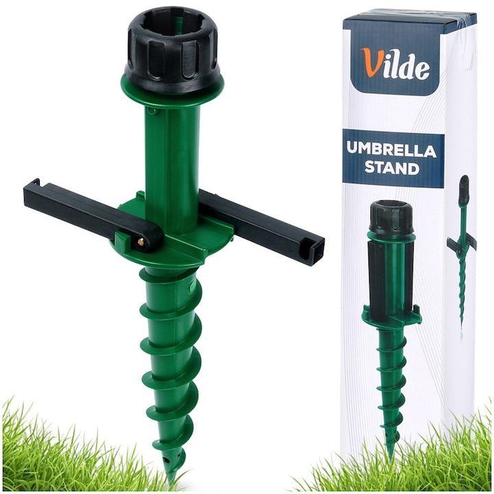Suport Pentru Umbrela De Gradina Si Plaja  Vilde  Cu Infiletare  22.5x10x44 cm (Tub 2.2-3.3 cm)  Verde  Plastic Durabil  Baza Tip Tarus Cu Manere Laterale Pentru Fixare Usoara In Nisip Sau Pamant  Rezistent  Stabilitate Ridicata Anti-Vant