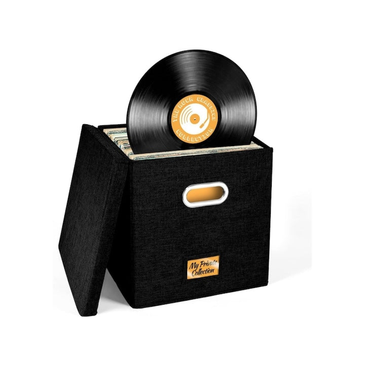 Cutie de depozitare pentru discuri de vinil  o capacitate de peste 50 de albume de 12 inch  cutie pentru discuri  depozitare pentru albume LP  cutie de depozitare din tesatura cu capac  potrivita pentru birouri  dulapuri  33x33x33 cm  negru