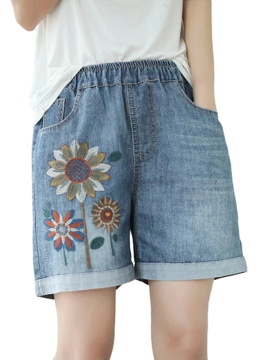 Pantaloni scurti dama  stil retro etnic  detalii brodate  talie elastica  A53