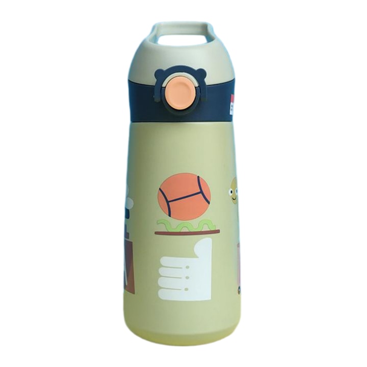 Sticla Termos pentru Copii 460 ml Inox 316  Cu Pai  Deschidere Rapida  Blocare de Siguranta  Anti-Scurgere  Mentine Temperatura  Model Desene  Verde