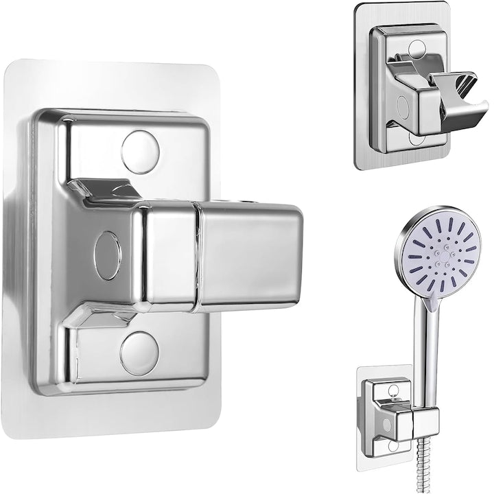 Suport autoadeziv pentru cap de dus Simply Joy  reglabil  ABS  pivotant la 180 de grade  usor de instalat  fara perforare  universal  rezistent la apa si rugina  Argintiu