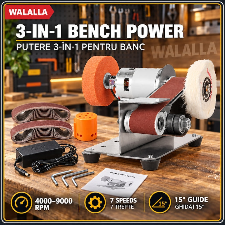 Mini slefuitor cu banda 3 in 1  ascutitor de cutite la 15 grade  masina de slefuit cu slefuit electric de banca  slefuitor tampon cu 7 viteze reglabile  pentru artizanat  lemn  metal  scule  vanatoare  cutite crete si de bucatarie  WALALLA