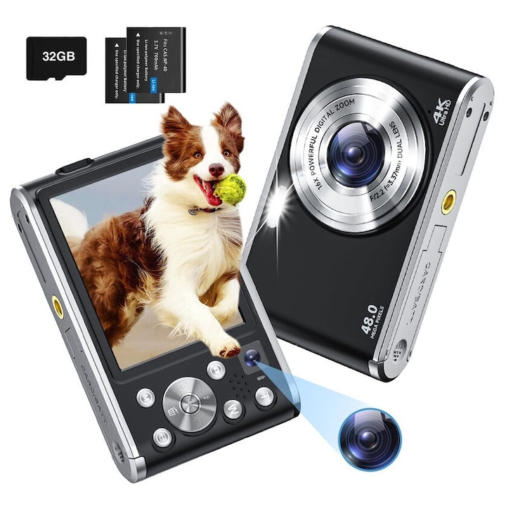 WALALLA Digital Camera, 2.8-inch screen, 48MP HD, front and rear dual camera, 16x zoom, OTG transfer, equipped with 32G card, USB charging, two batteries, black