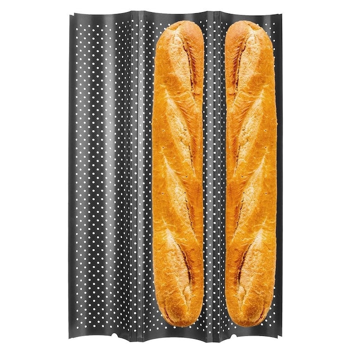 Forma Pentru Baghete  Orion  38x24.5x2.5 cm  Gri  Fabricata Din Otel Carbon De Cea Mai Buna Calitate Cu Strat Antiaderent  Suprafata Perforata Pentru O Circulatie Adecvata A Caldurii  Rezistenta La Temperaturi Ridicate Pana La Max 230 °C