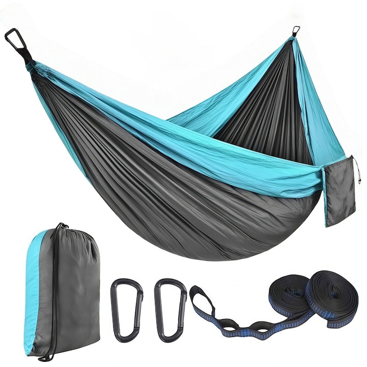 Hamac Dublu  Hamac camping  cu saci de depozitare  moale si confortabilaultra usor  excelent pentru camping  chingii de prindere si carabiniere  aventura 300x200 cm  Albastru/gri