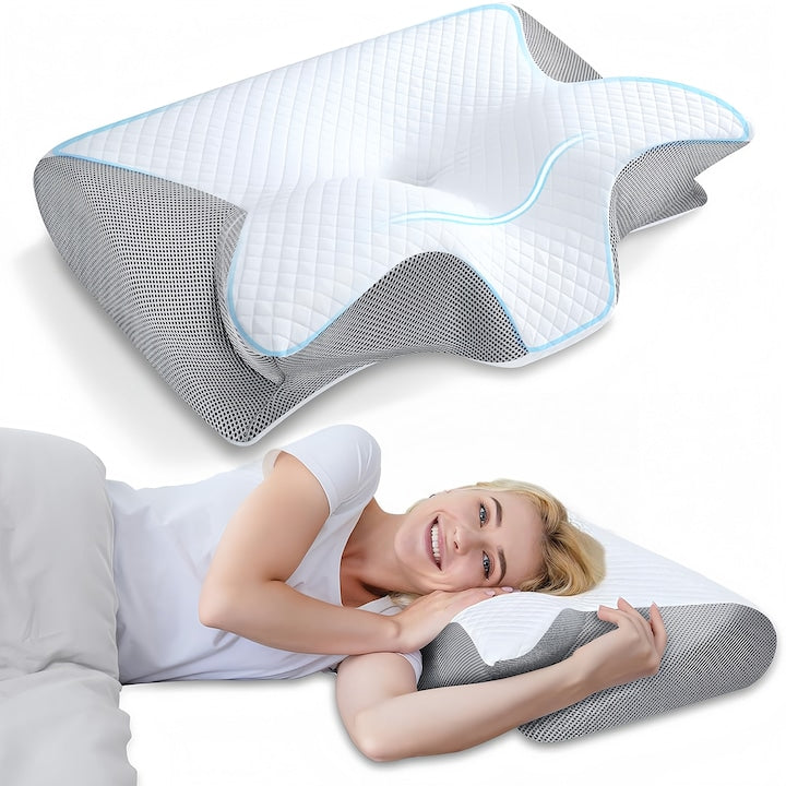 Perna Cervicala din Spuma cu memorie  Perna Ortopedica Cervicala pentru dormit  Spuma cu Memorie ergonomica pentru Gat si Suport Cervical  Husa lavabila  Ideala pentru dormitul lateral  spate sau stomac  12x59x37cm  Alb/gri