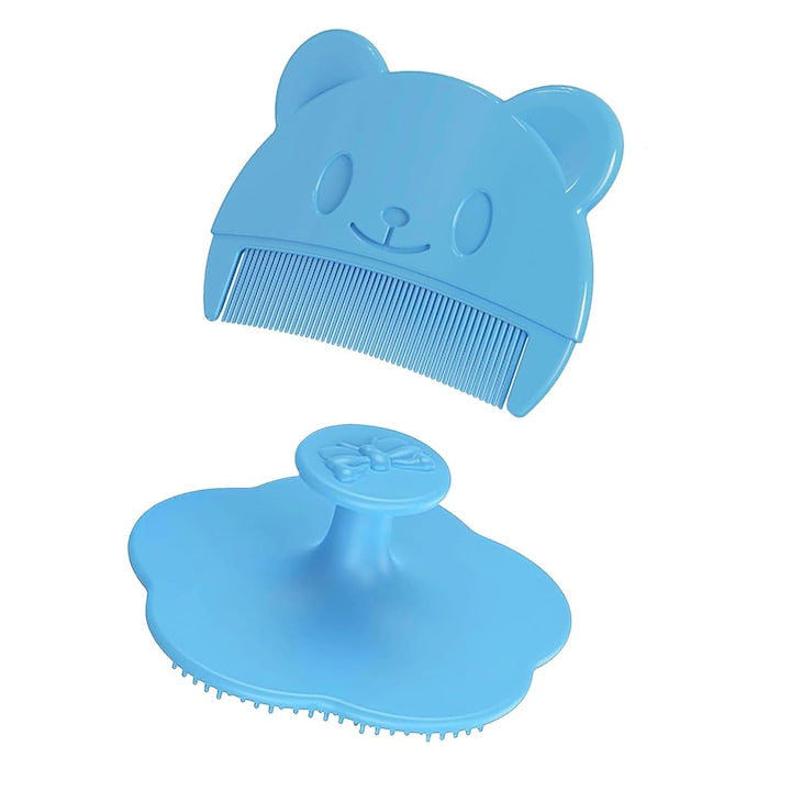 Set 2 Perie de baie si Pieptan bebelusi pentru indepartarea crustelor  Silicon  Albastru