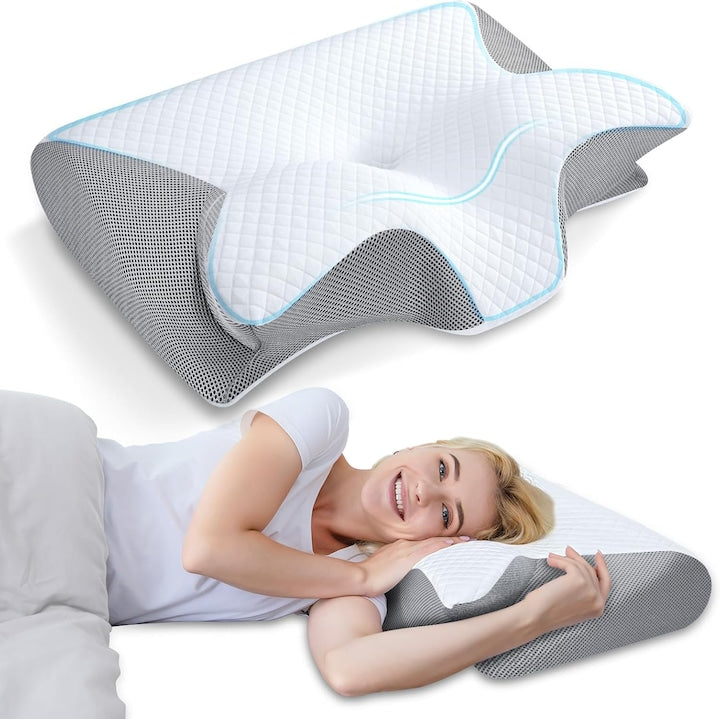 Perna ortopedica  spuma cu memorie  Ergonomica pentru Gat si Suport Cervical  Husa lavabila  Ideala pentru dormitul lateral  spate sau stomac  beneficii medicale  Gri