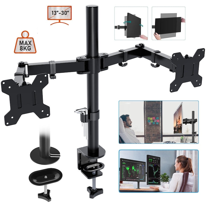 Dual Monitor Stand for 13–30 Inch Computer Screens VESA 75x75/100x100mm Full Motion Adjustable Monitor Arm Adjustable Tilt 90°/ Swivel 180°/ Rotation 360° Black