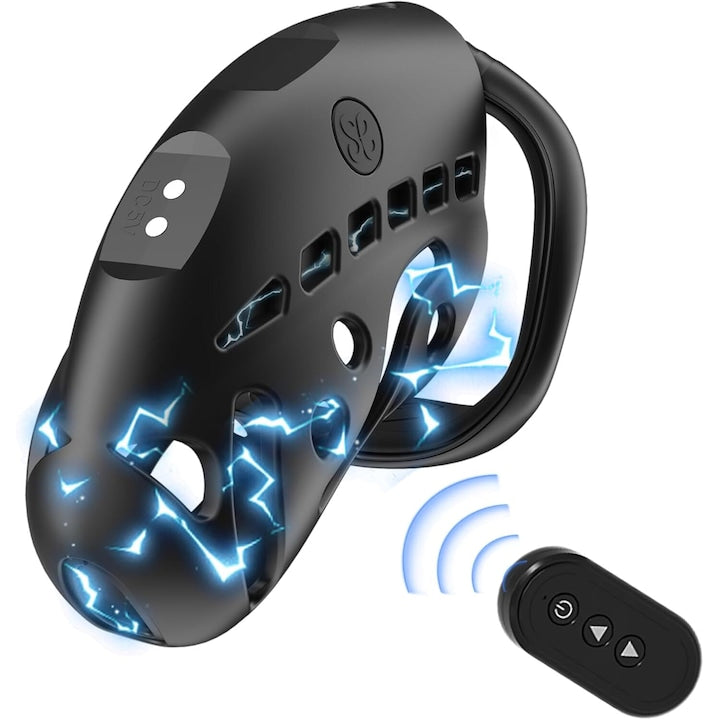 Centura de castitate cu soc electric cu telecomanda  WALALLA  9 intensitati de stimulare electronica  cu 3 inele mobile  realista si moale  pentru exercitii pentru penisul masculin  cu cheie si incuietoare  telecomanda wireless din silicon  negru