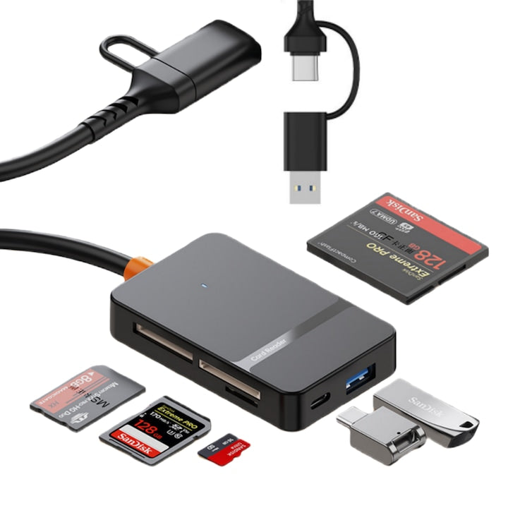 8-in-1 Card Reader Fantasy OTG Adapter - Supports Type-C 3.0 and USB-A 3.0 interfaces, 4 slots (SD/MicroSD/MS/CF/TF) and 2 slots for Type-C/USB-A cards, 5Gbps, compatible with Apple/Samsung/Huawei/Xiaomi/HP/Lenovo/Honor, max 2 TB, Black