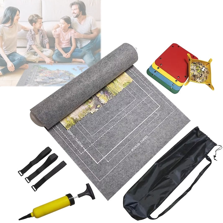 Covor pentru aranjat si depozitat puzzle pana la 1500 piese  suport gonflabil  din fetru  model imprimat pentru 5 dimensiuni  4 recipiente sortat piese  husa depozitare neagra  curele pentru fixare