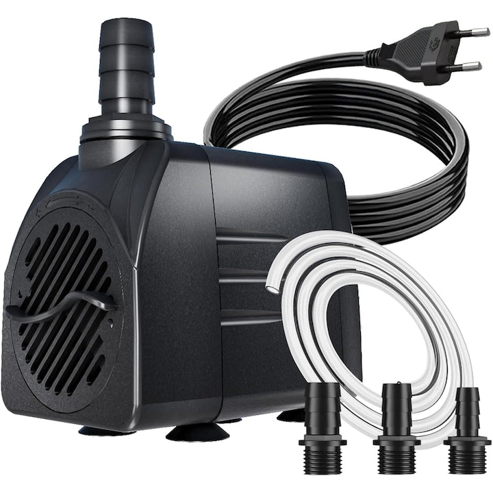 Pompa de apa submersibila 25W  1500L/h  Bedee  design silentios  pentru acvarii si fantani  cu 3 x Duza  Furtun 1.5m  culoare neagra  dimensiuni 6.5x5.6cm