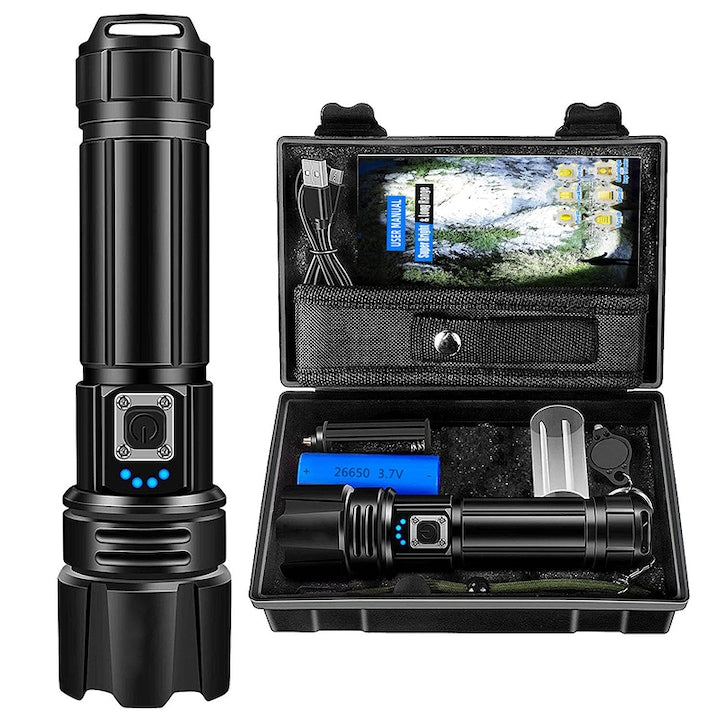 Lanterna  Omelivon  30W  2000 lumeni  Incarcare USB  Acumulator 26650 Li  Cablu de incarcare  Ultra-Luminoase  Rezistente la Apa  Pentru Camping  Negru