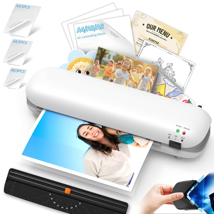 A4/A5/A6 Tressino Laminator with Corner Rounder, 280W, 340mm/min, 60Hz, 80-125 Micron Hot and Cold Lamination with ABS Anti-Blocking Function, Low Noise, Suitable for Home, School and Office, 340 * 103 * 71mm, White