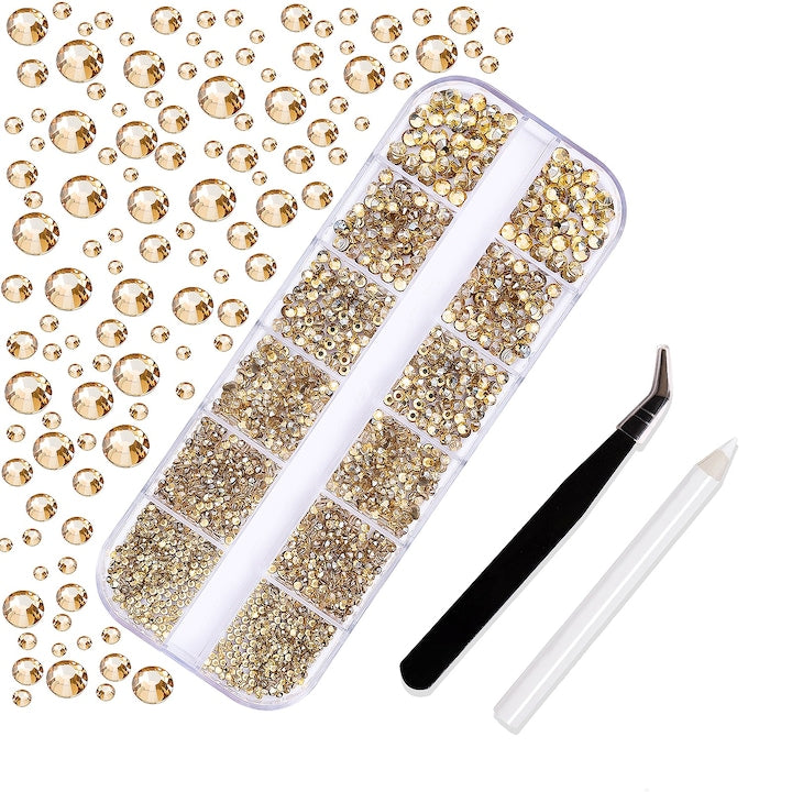 Set 1500 nail rhinestones/mounting accessories Fantasy 6 Sizes Tweezers and pen are included Gold