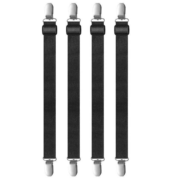 Set 4 curele elastice pentru fixare cearceafuri  cu clesti metalici  ajustabil  elastic  Negru