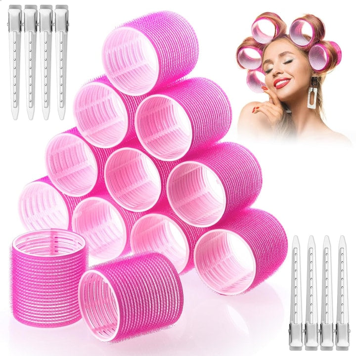 Wacorresi Jumbo Hair Rollers, Set of 12, 60mm with Stainless Steel Clips, for Long and Thick Hair, Red Pink