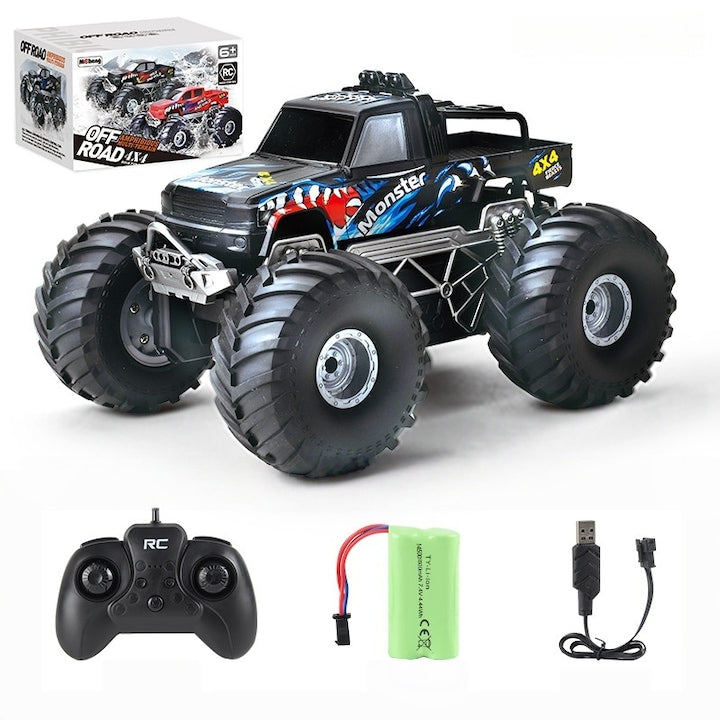 Masina amfibie Excitat Pickup-uri pe teren  Fantasy  Vehicul off-road cu tractiune integrala  rotatie la 360°  telecomanda 2.4GHz  Telecomanda wireless  motor puternic  cu Baterie litiu de 7 4 V + cablu USB  Design impermeabil  Albastru-Negru