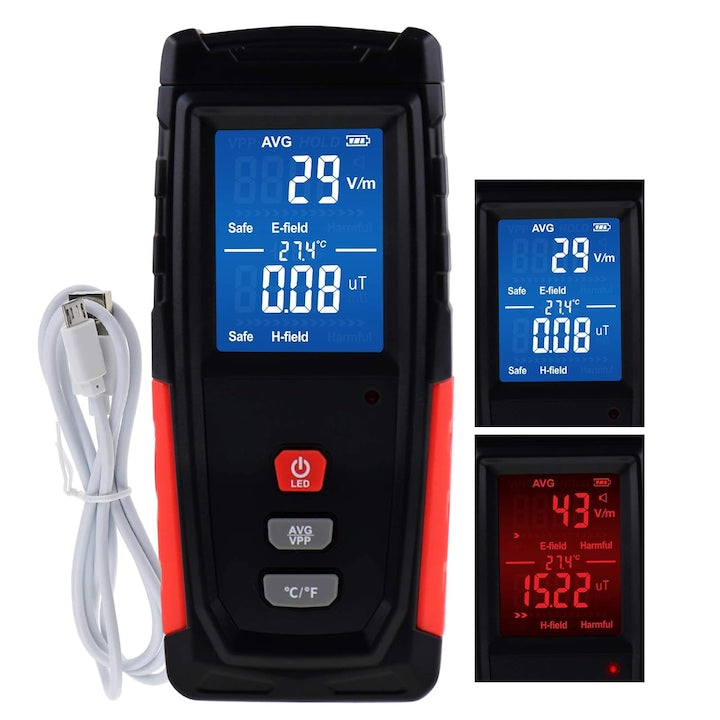 JFYU Electromagnetic Radiation Detector, Measures Electric and Electromagnetic Fields, LCD Screen, USB, 600mAh, 2 Measurement Indices, Black/Red