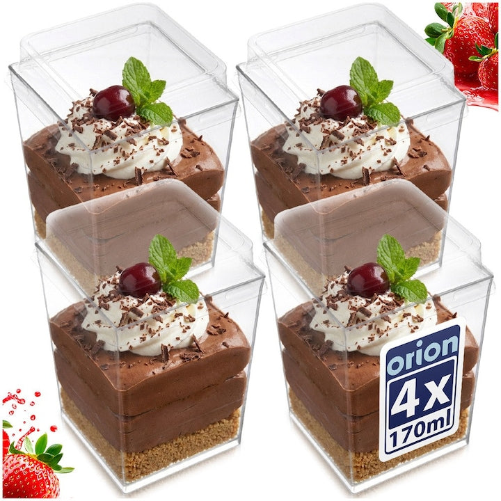 Set 4 Cupe Patrate Cu Capac Orion  160 ml  Transparent  5.5x5.5x8.5 cm