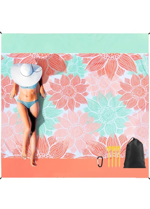 Simply Joy - Prosop de plaja din microfibra  uscare rapida  fara nisip  cu accesorii pentru fixare in nisip si 4 buzunare  pentru plaja  calatorii  inot  drumetii  activitati in aer liber  roz cu model floral