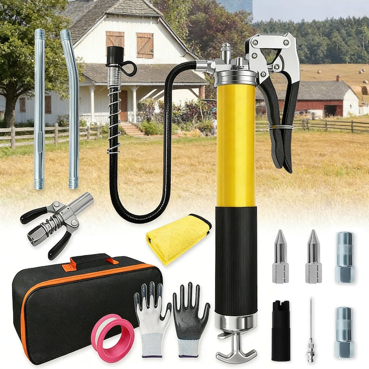 Wacorresi Manual Grease Pump, 14-Piece Multi-purpose Grease Gun Set, with an 18-inch Spring Hose, 2 x 12-inch Hoses, 2 Fittings, 1 Extension Tube, 3 Nozzles, Yellow