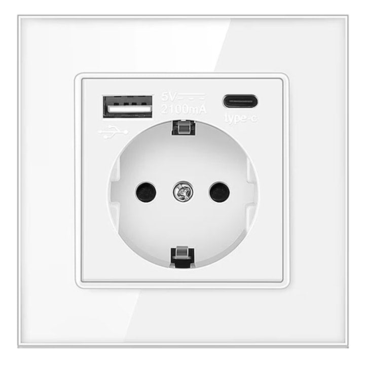 Panou de priza multifunctional  ZOUN，USB A+C，16A， Panou de sticla  20W  alb