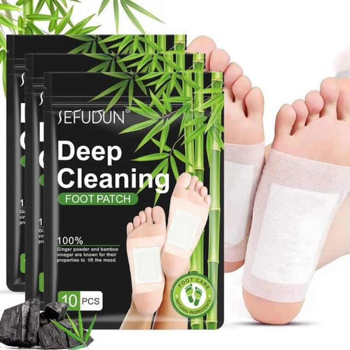 Set 30 Plasturi Detoxifiere Picioare  cu Ghimbir si Otet din Bambus  Reducerea Oboselii si Imbunatatirea Somnului