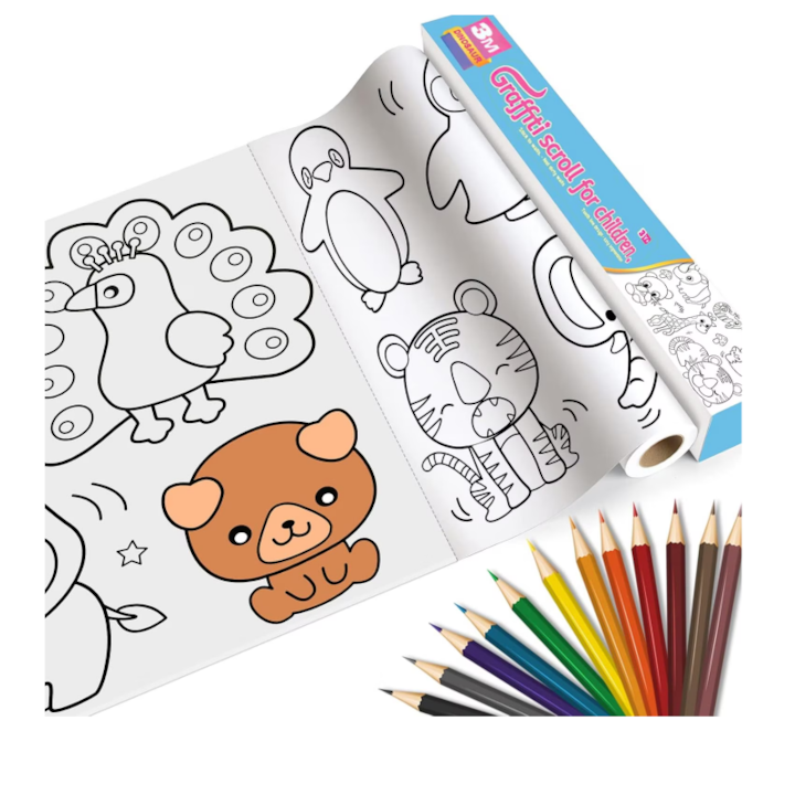 Set de desen pentru copii  tema de animale  siguranta si protectie a mediului  AjieQaQ  poate fi lipit in mod repetat  cu 12 pixuri colorate  cadou educational  potrivit pentru 3-9 ani  30*300cm  multicolor