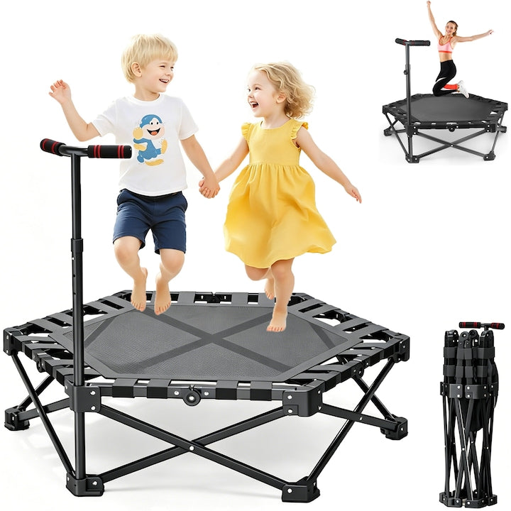 Trambulina Fitness Pliabila pentru Interior  SANSES  Aner Reglabil 104-114 cm  Cadru Otel  Antiderapant  Silentios  Plasa Rezistenta  Max 225 kg  pentru Adulti si Copii  PInterior/Exterior  Ortabila  Negru
