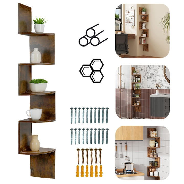 CHOOLY Corner Shelf, 5 Tiers, Burnt Wood, 20x20x126cm