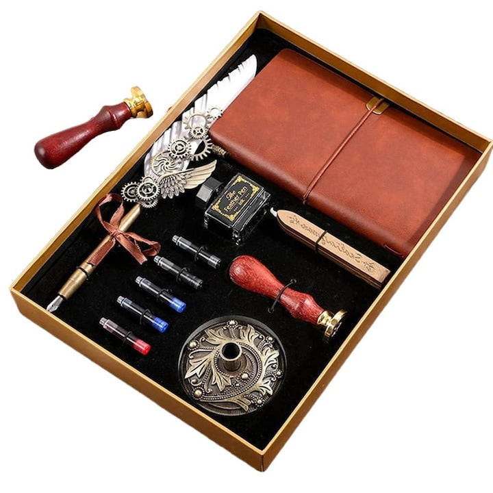 Set caligrafie vintage cu pana  7 in 1  suport  calimara  rezerve cerneala 5 culori  agenda piele  ceara aurie pentru sigiliu  alb