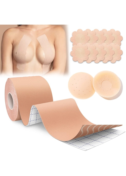 Set Banda Adeziva pentru Bust  Efect Lifting Instant Push-Up  Boob Tape Invizibila si Rezistenta la Apa  Cupa A-G  Include 10 Protectii Satin si 2 Silicon  7.5cm x 5m