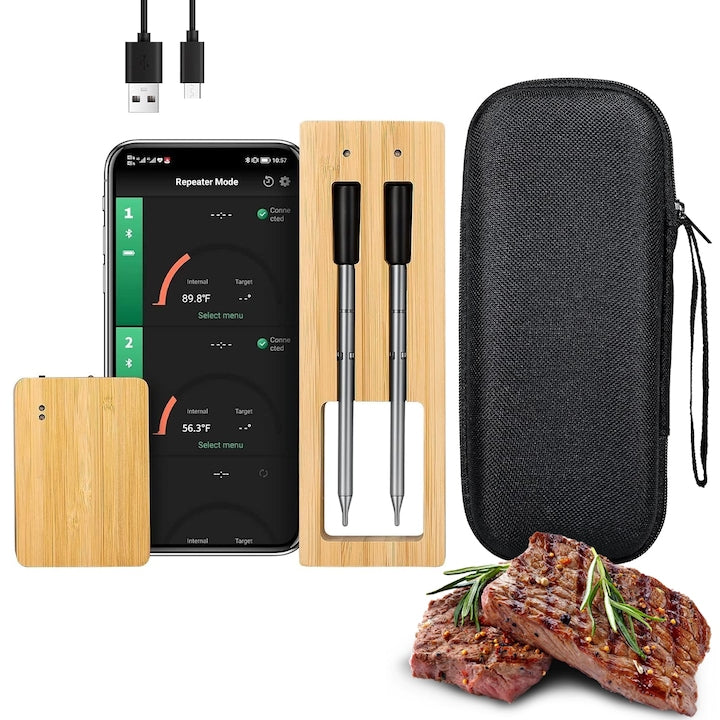 Termometru wireless pentru carne  Wacorresi  Termometru Inteligent Carne700FT  2 Probes  din otel inoxidabil  cu senzor de temperatura  Cu Aplicatie Telefon  setare alarma inteligenta  negru