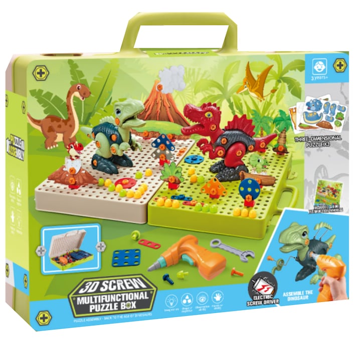 Jucarie educativa Montessori cu bormasina electrica  Simply Joy  262 piese  cu dinozauri  pentru baieti si fete  + 3 ani
