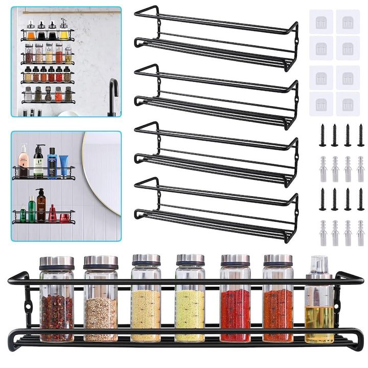 4-Tier Metal Spice Rack Organizer, Wall Mounted Spice Rack with Adhesive Stickers and Screws, Kitchen Pantry Cabinet Spice Organizer