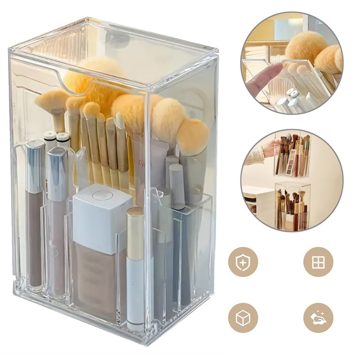 Acrylic Makeup Organizer Clear Cosmetic Brush Storage Box with Dustproof Lid Large Capacity Divided Design Makeup Brush Holder for Vanity