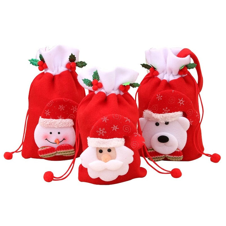 Set de 3 pungi cadou de Craciun  DCSZVIGS  22.5x19.5cm  Mos Craciun  Om de zapada  Ursul mic  Rosu