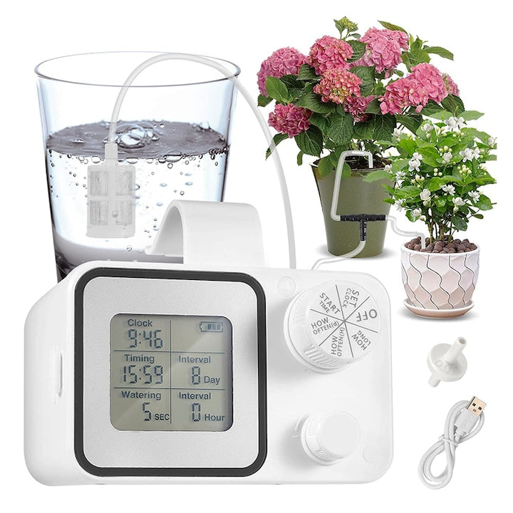 Automatic Plant Watering System Rqiurpn For 20 Pots Digital Timer Adjustable Drip Rod 2000mAh USB C Charging 10m Hose Ideal for Apartment/House White