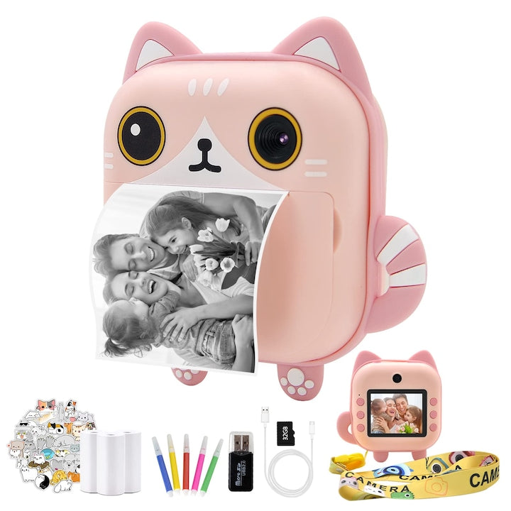 Set aparat foto digital pentru copii  WALALLA  cu functie de printare instant  camere duale fata si spate  1080p  card 32g  2 4 inchi  inclusiv diverse accesorii  roz
